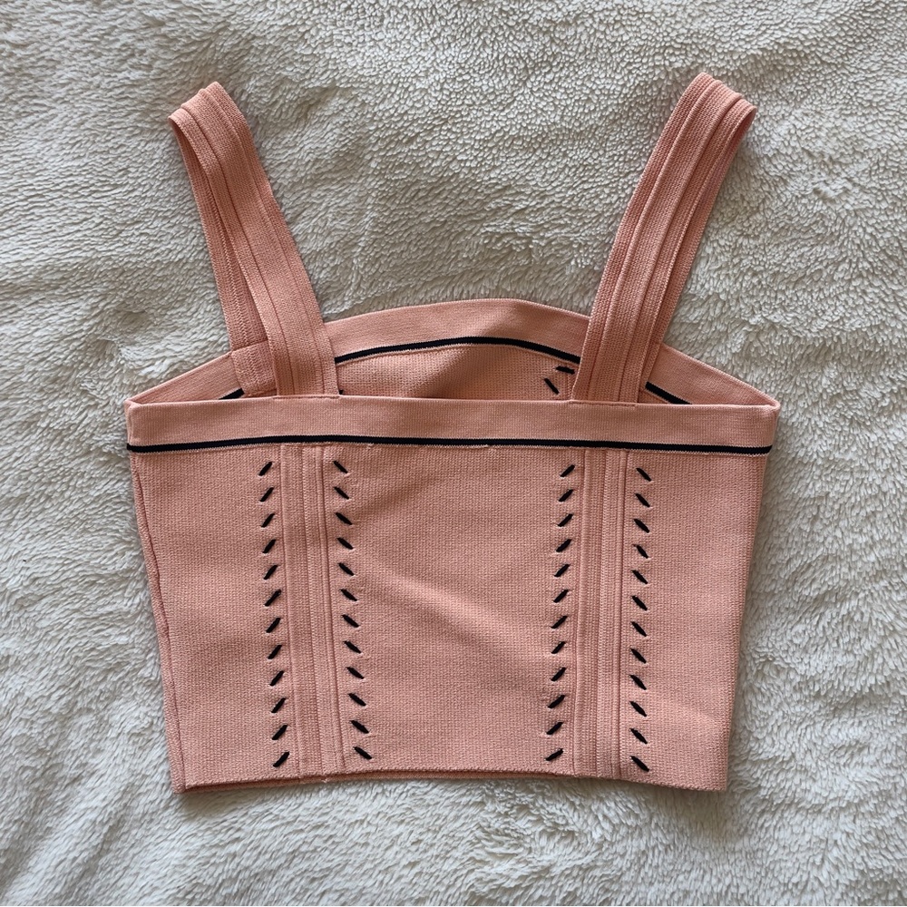 Sandro | Salmon pink "Figari" elastic knit crop top with black trim | Size S - Picture 2 of 6